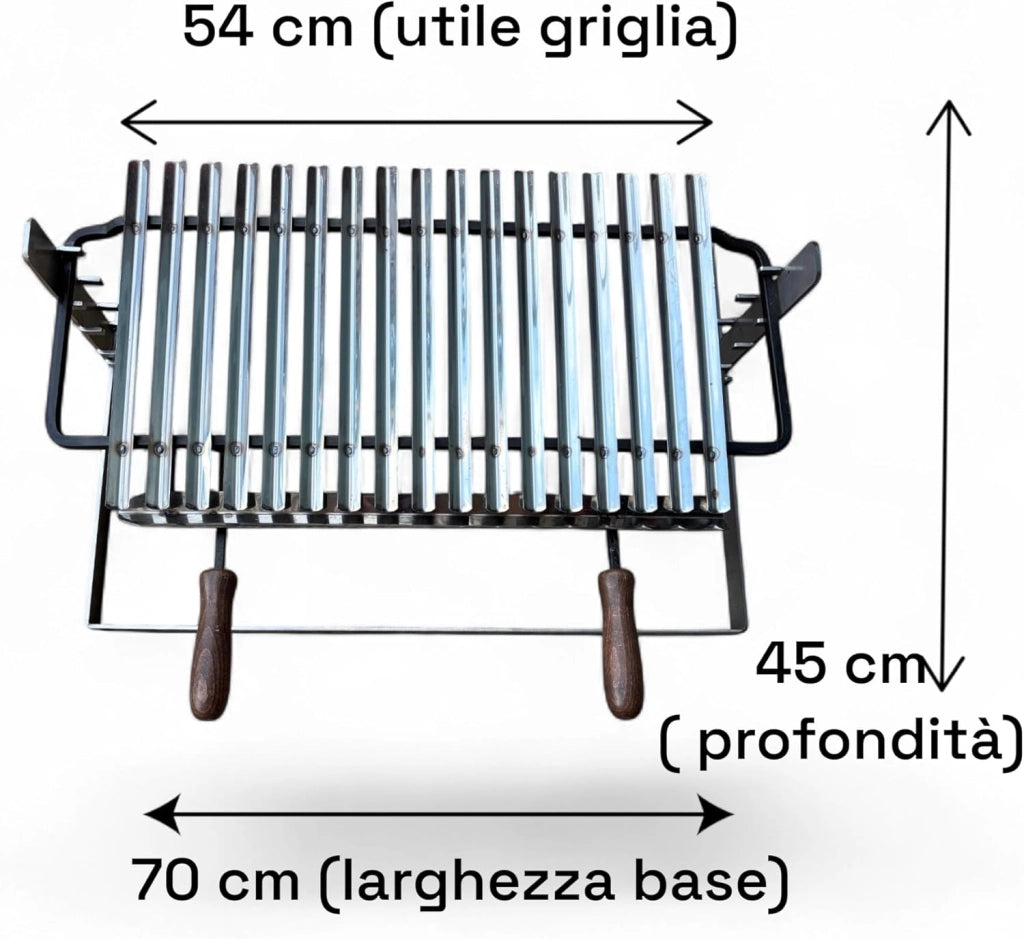 Griglia per Barbecue in Acciaio Inox, Sistema Scolagrassi, Manici in Legno, Base in Ferro Regolabile su 3 Altezze 70x45cm, Superficie di Cottura 54cm