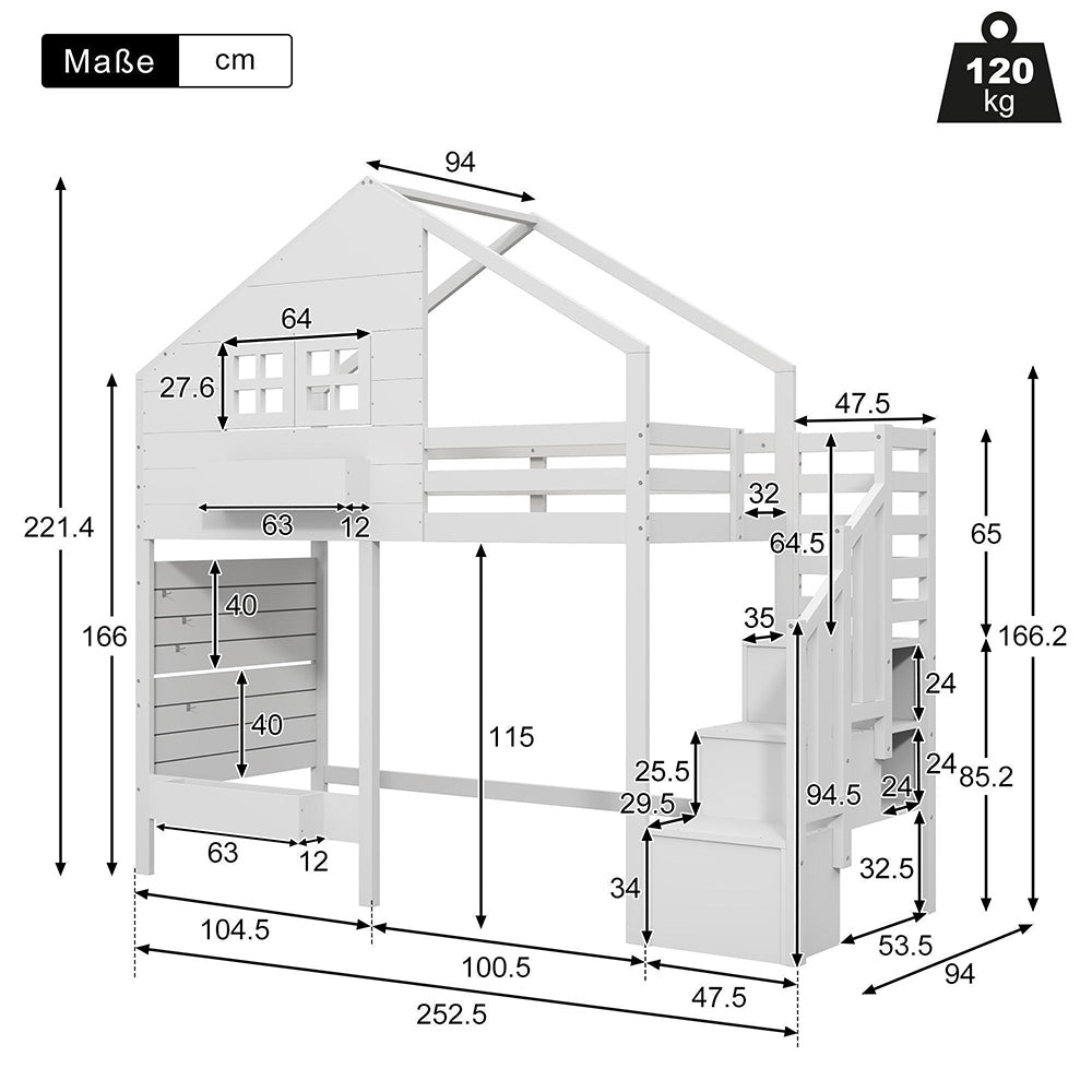 Letto mezzanino-Xylo-90x200cm barriera sicurezza scala legno massiccio