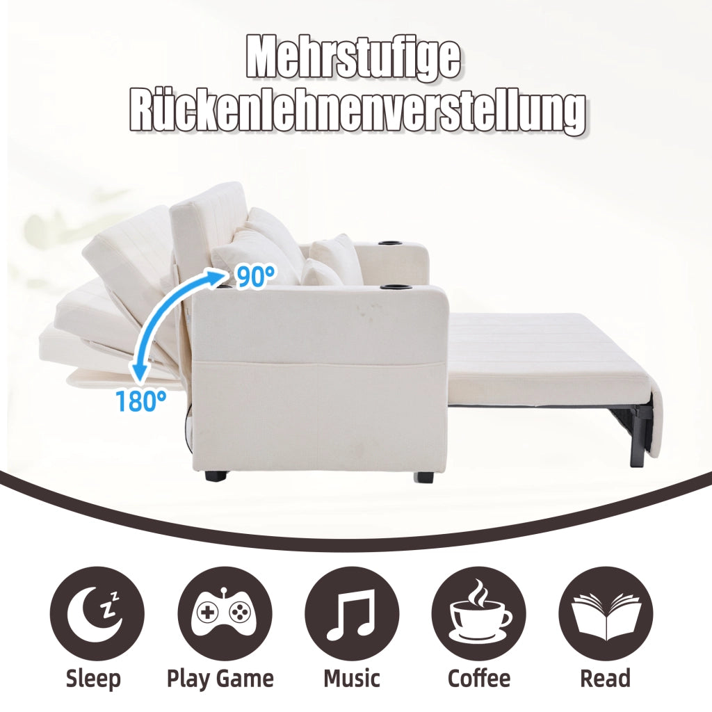Divano letto pieghevole con tasche laterali e 4 cuscini in chenille beige