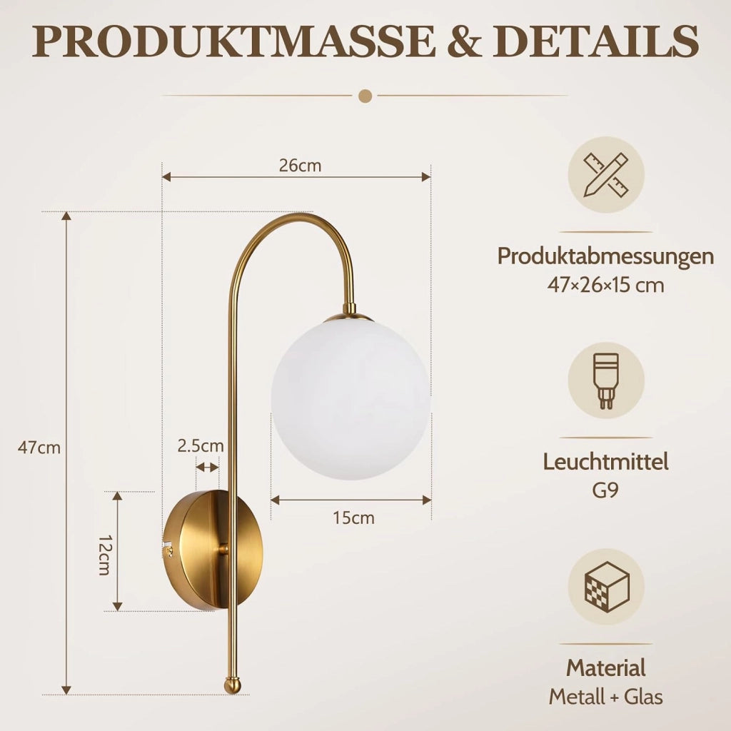 ZMH Lampada da Parete Interni Oro G9 Vetro Sferico 47cm Rotonda Vintage Metall per Soggiorno Hotel Senza Lampadina
