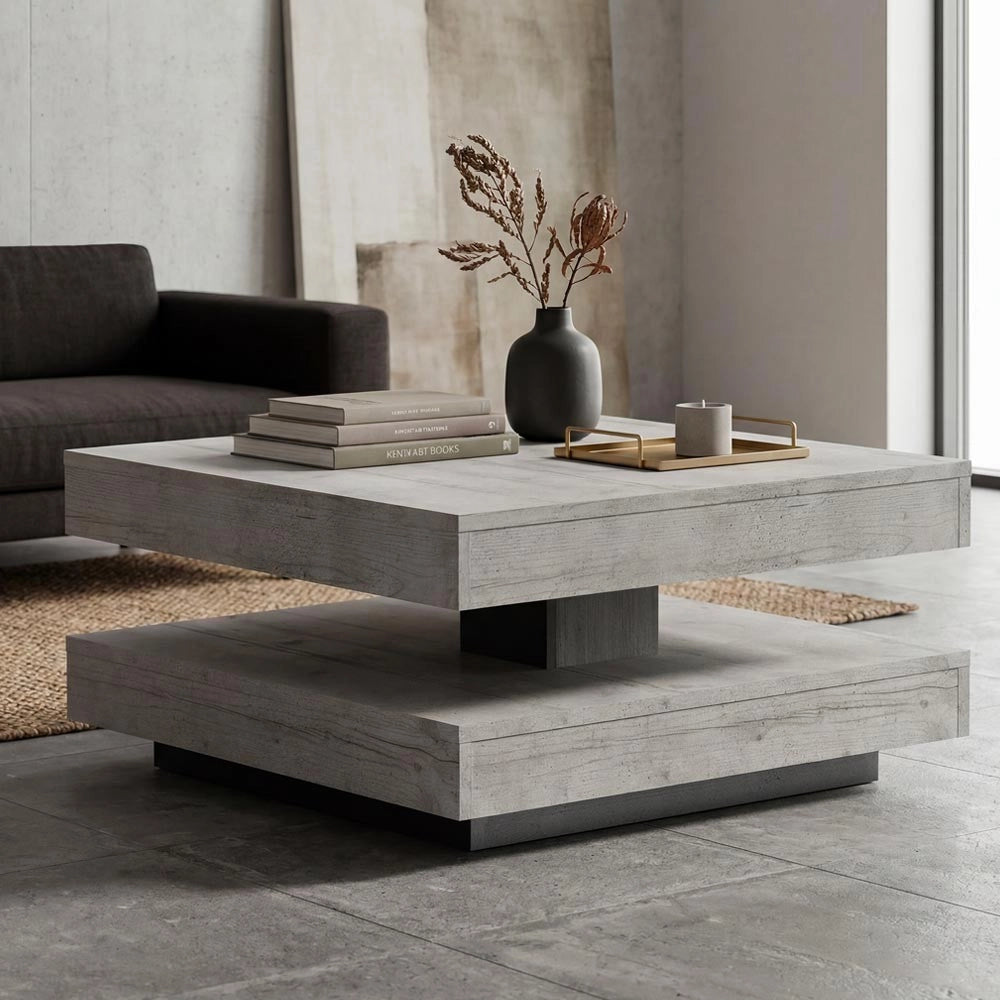 Tavolino da salotto Monolith con doppio piano quadrato girevole colore cemento 67x67 cm