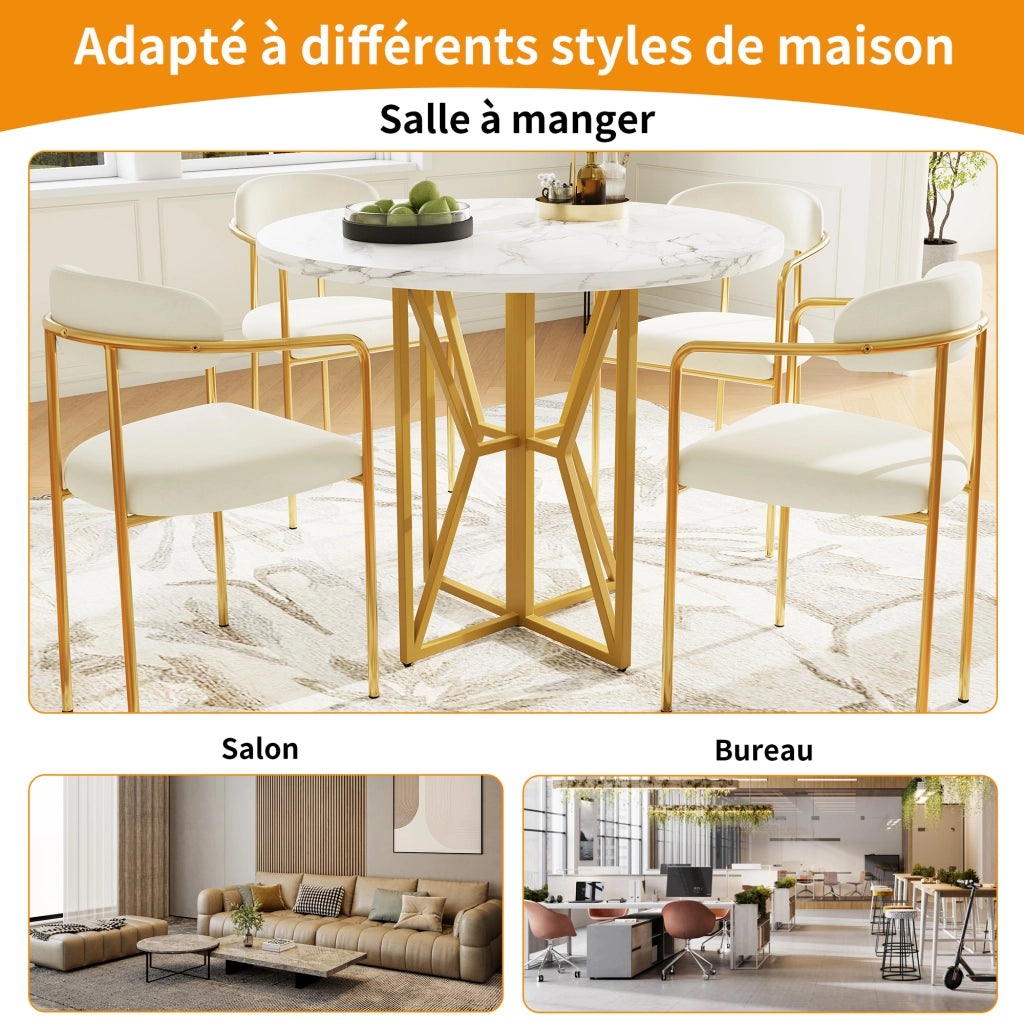 Tavolo da pranzo rotondo con piano in MDF effetto marmo e gambe in metallo regolabili per soggiorno, oro, 80 × 80 × 76 cm