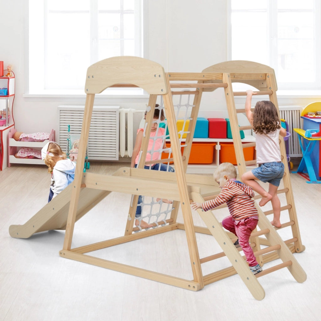 Parco giochi 6-in-1 per bambini 1+ anni con barre di scimmia scivolo corda e scale in legno, Palestra in legno Naturale-Arrampicate e scivoli