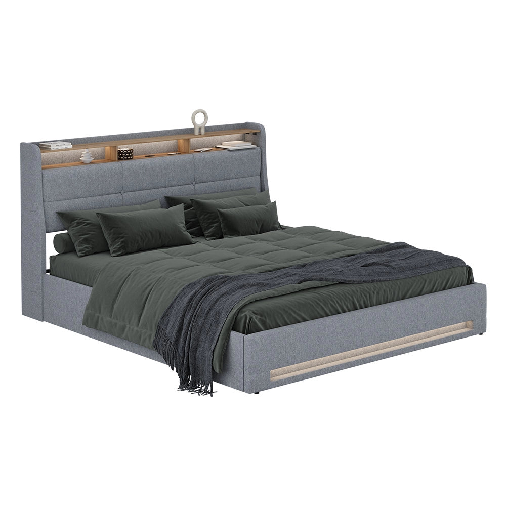 Vitalispa Letto imbottito Grigio/quercia 180x200 con LED, porta USB e materasso