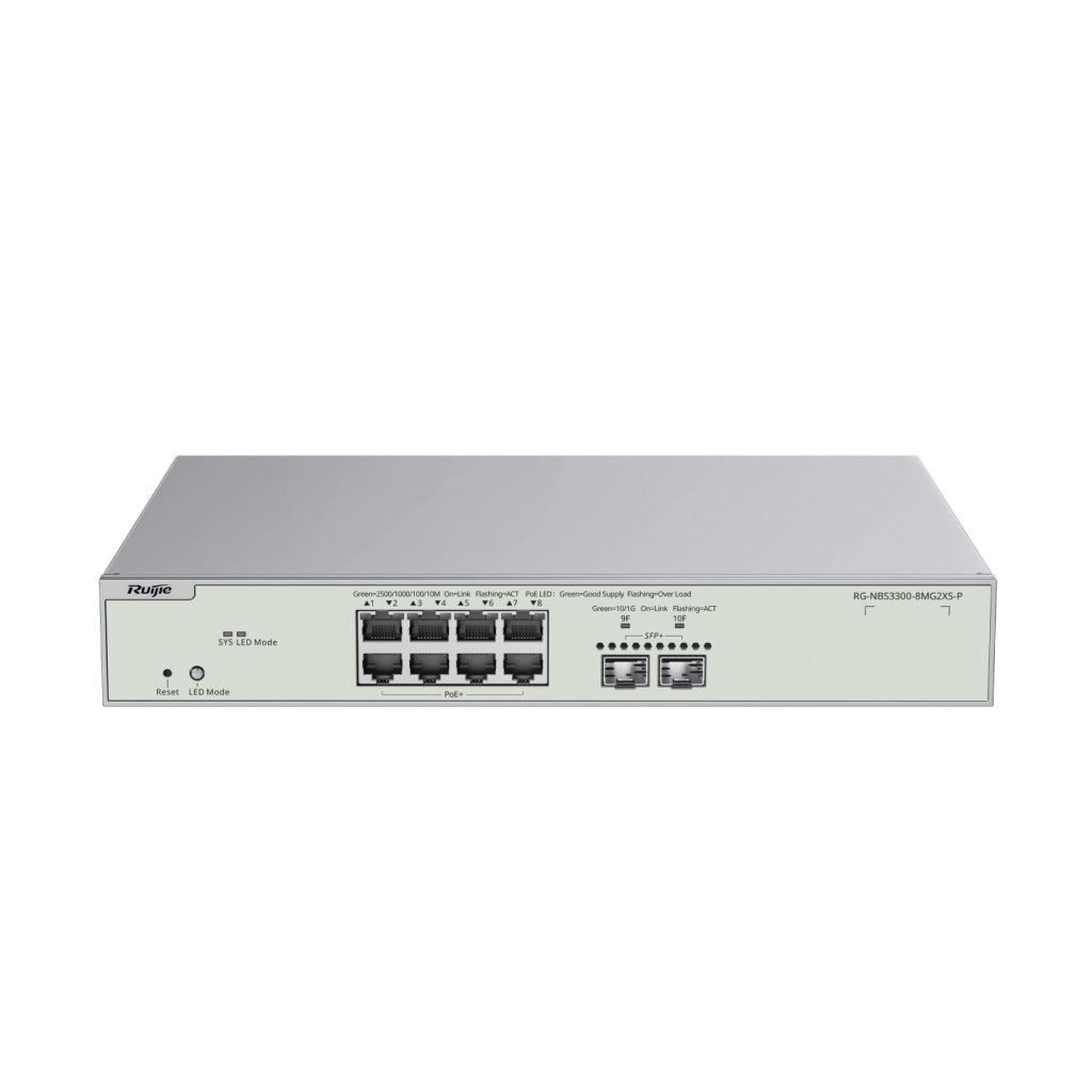 Reyee cloud switch managed l2 multi-gigabit 8 porte 2,5gb poe+, 2 porte uplink 10g sfp+ - RG-NBS3300-8MG2XS-P