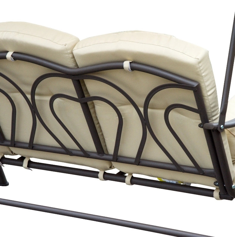 Dondolo da giardino 3 posti con tettuccio inclinabile 121x208x172 cm in metallo; beige e marrone