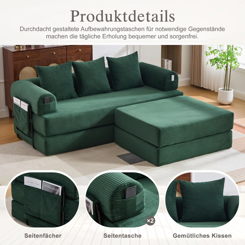DIVANO Modulare 200x190x67 cm Corda Verde Smeraldo con pouf e 3 cuscini