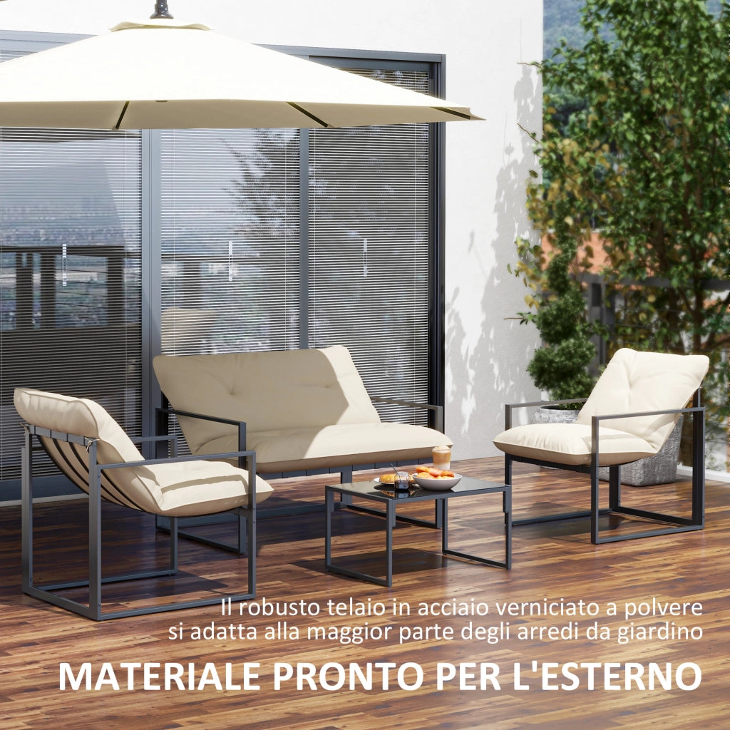 Set 4 Pezzi da Giardino con Divanetto 2 Poltrone e Tavolino in Acciaio, Poliestere e Cotone PP Beige e Grigio