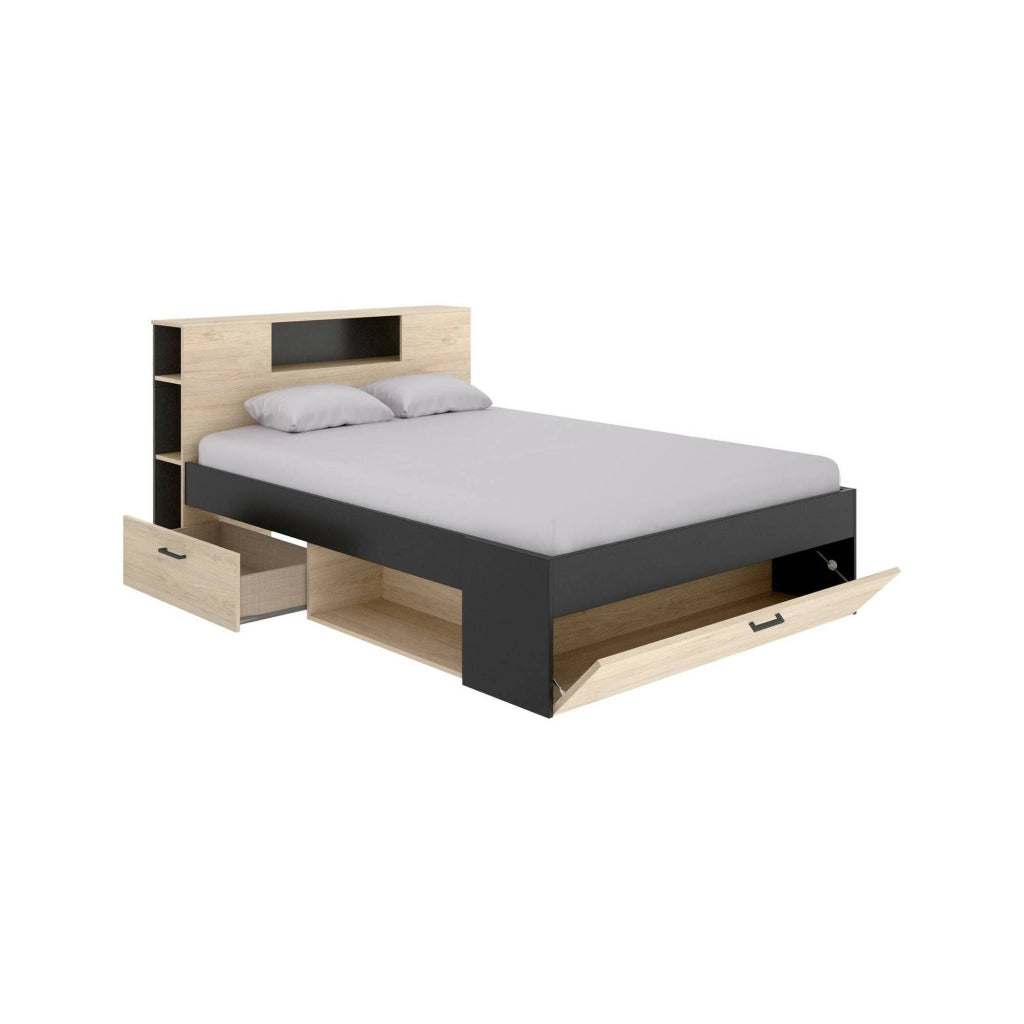 Letto alla francese Conching, Sommier per camera da letto, Giroletto per stanza, Struttura porta materasso, 150x219 h95 cm, Antracite e Rovere
