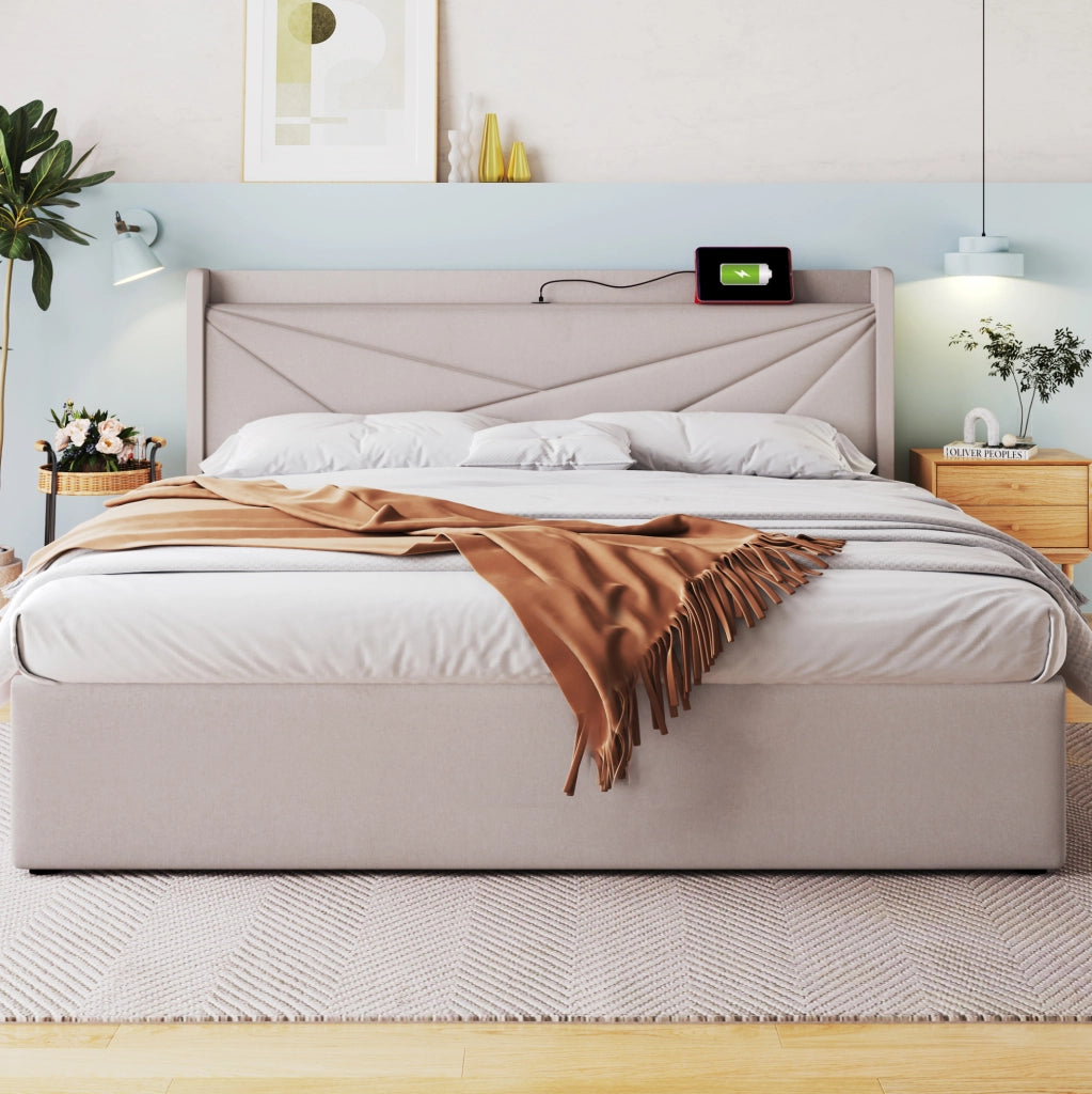 Letto matrimoniale contenitore 140x200 cm con USB e Type-C; beige in cotone lino
