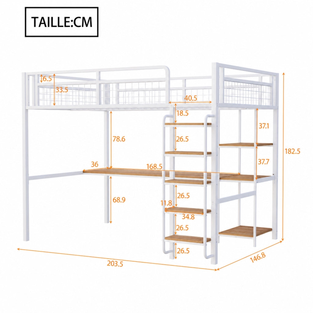 DESMIU Letto a soppalco matrimoniale con scrivania, scaffali e scala di sicurezza 140 × 200 cm, senza materasso