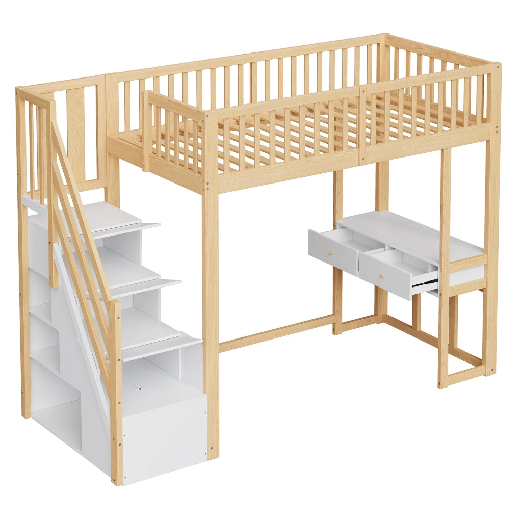 Letto a Soppalco 90 x 200 cm; Letto Singolo con Scrivania e Scala Contenitore; senza Materasso