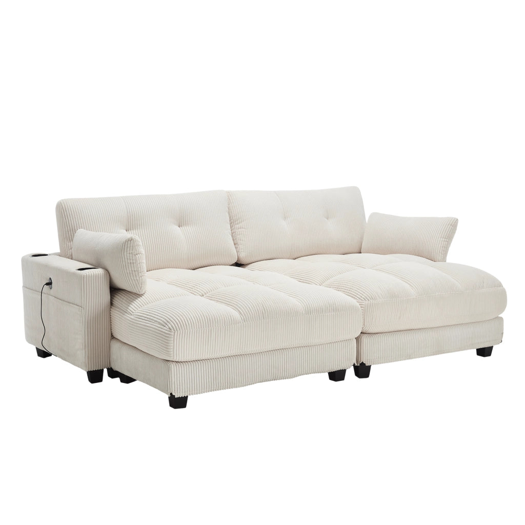 Poltrona Lounge con USB e Portabicchieri; Poggiatesta Regolabile; Tasca Laterale; in Velluto a Coste Beige