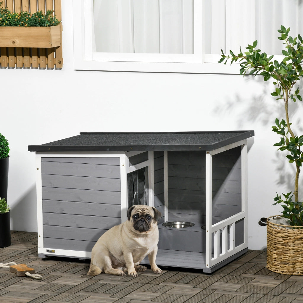 Cuccia per Cani in Legno Massello con Veranda e Ciotole ¨C zephmum ¨C 103x62x66 cm Grigio e Bianco