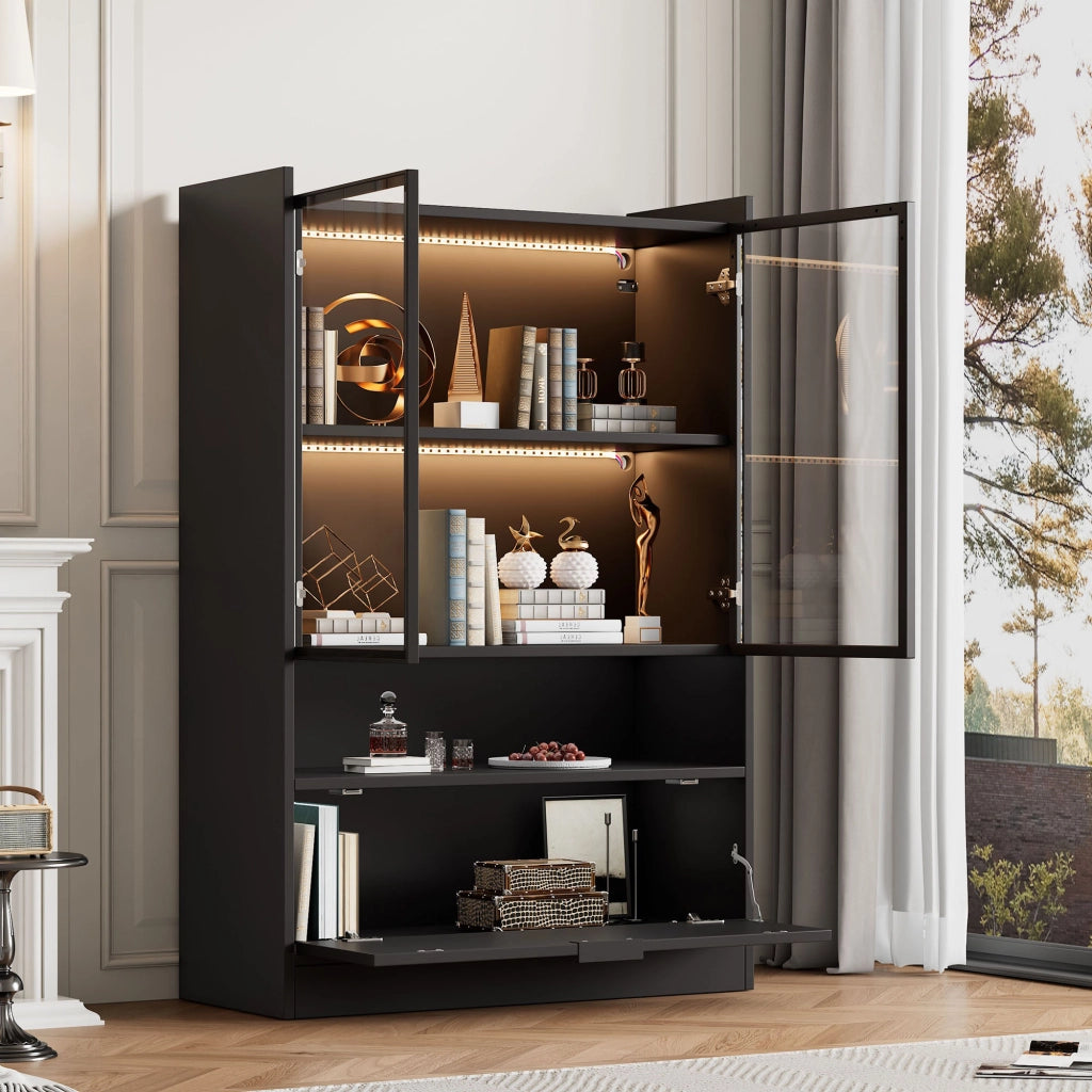 Vetrina con LED e ante in vetro temperato, vano ribaltabile, per soggiorno, in truciolare, nero, 120 × 80 × 35 cm