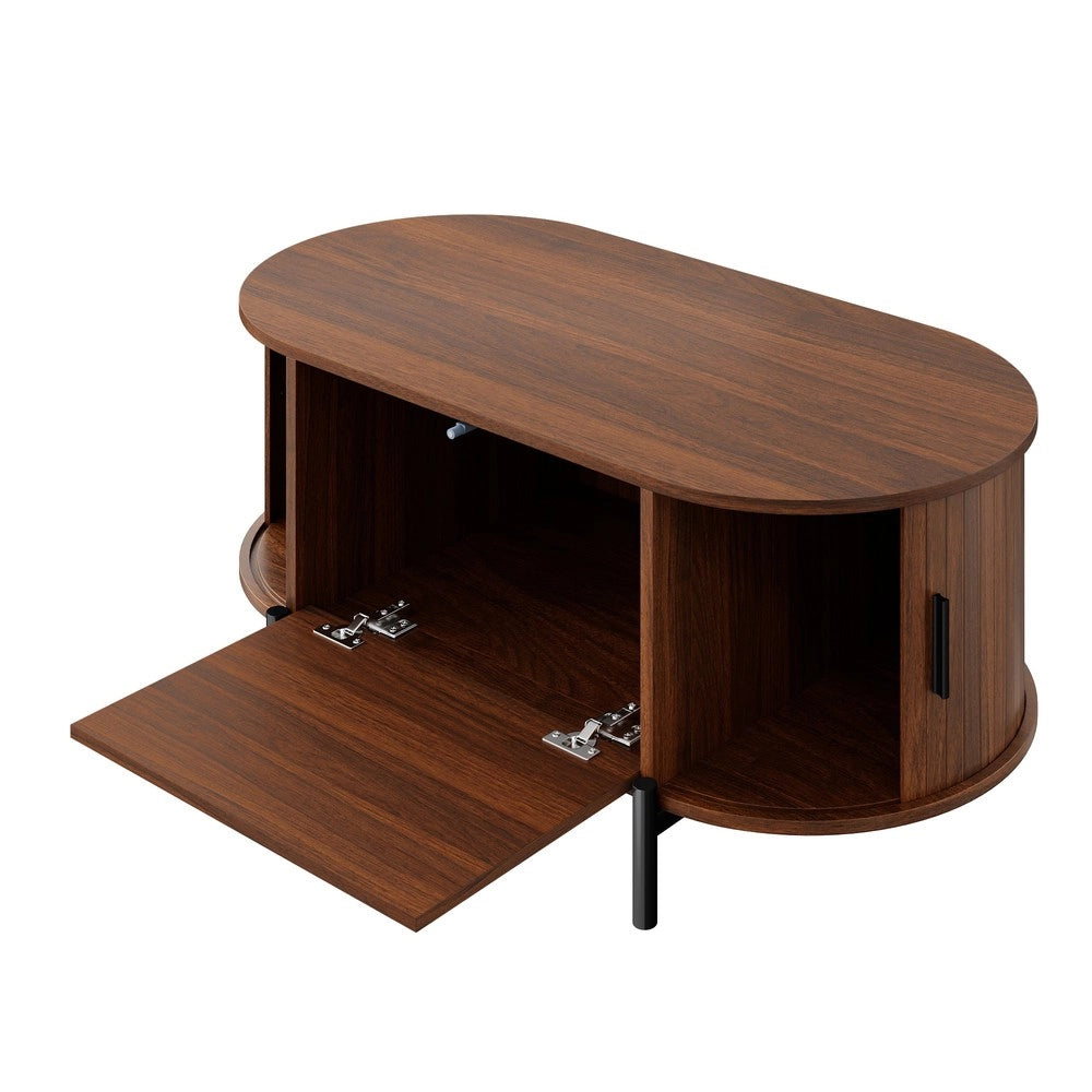 Tavolino da Caff¨¨ Ovale con Rattan e Ante Scorrevoli ¨C MINIMAL ¨C Legno e Metallo con Vano Contenitore