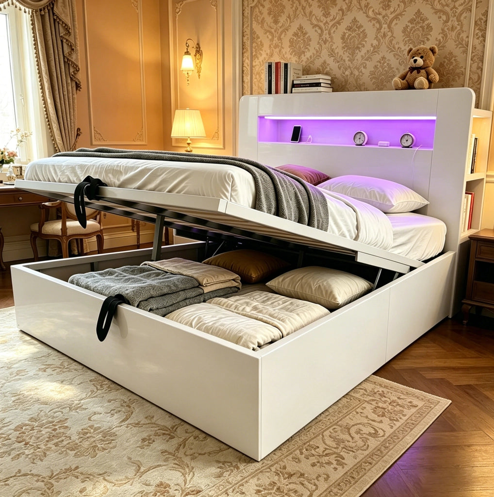 Letto contenitore 140x200 cm in legno con LED, prese integrate e testiera con vani