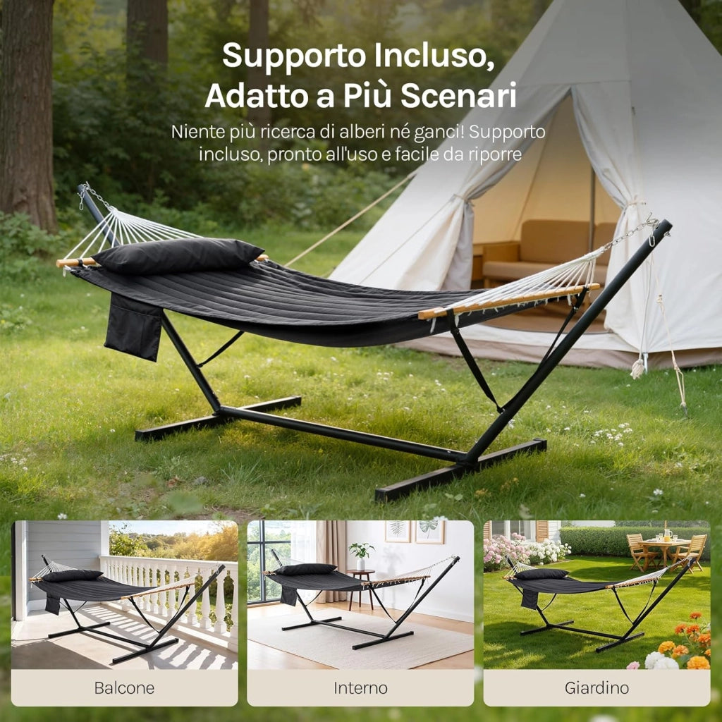 Amaca da Giardino con Supporto, Tasca Laterale e Cuscino, Capacità di Carico 250 kg, Ampia Amaca Doppia per Terrazza, Balcone, Campeggio, Antracite
