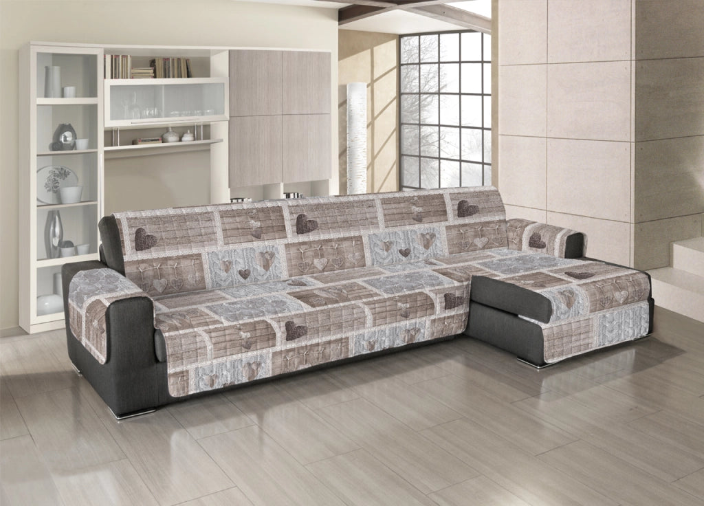 Copridivano Trapuntato Per Divani Con Penisola Disegno Shabby Love - 240-245 cm - Beige