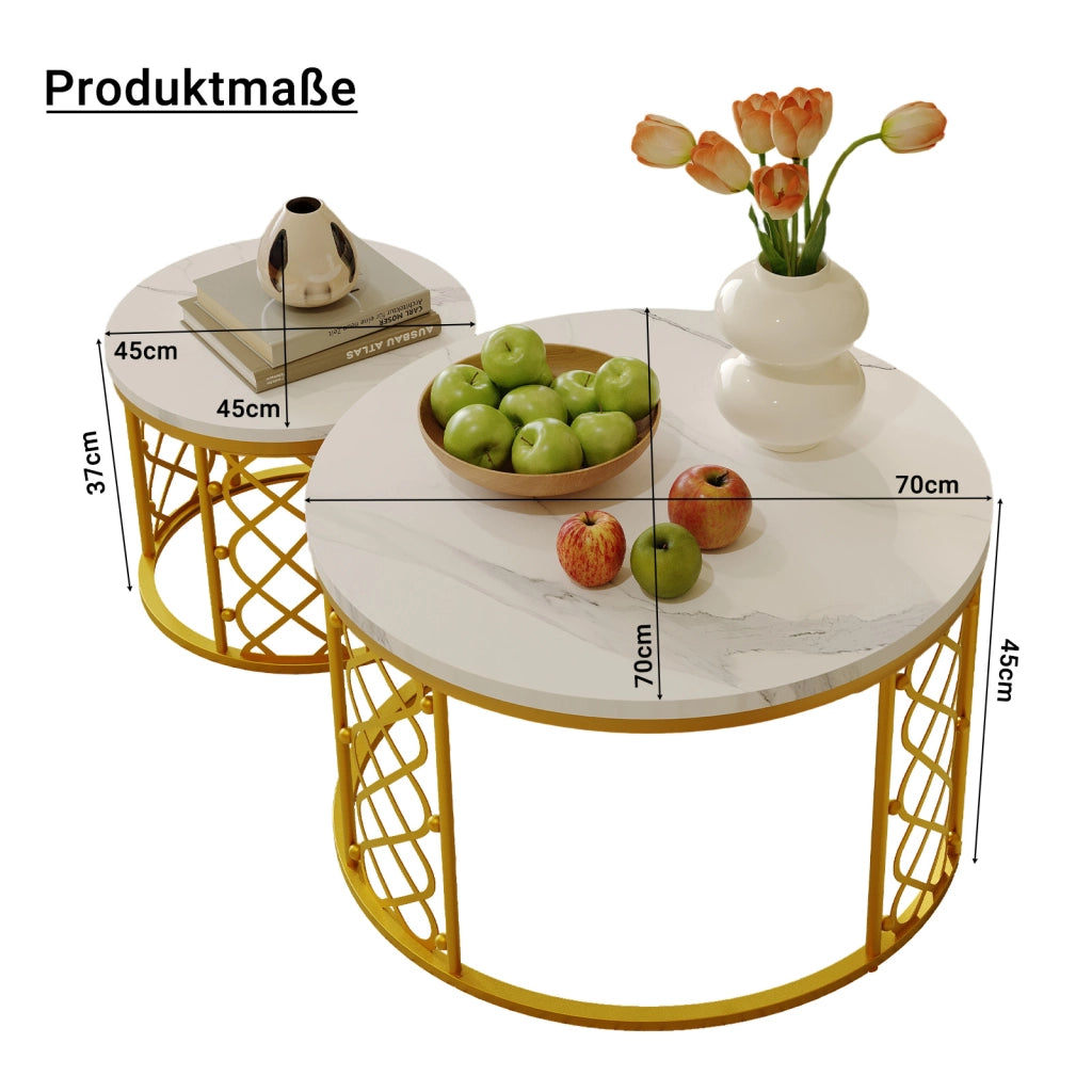 TAVOLINI DA CAFFÈ Set 2 Pezzi 70x70x45 cm Effetto Marmo Bianco con Struttura Color Oro