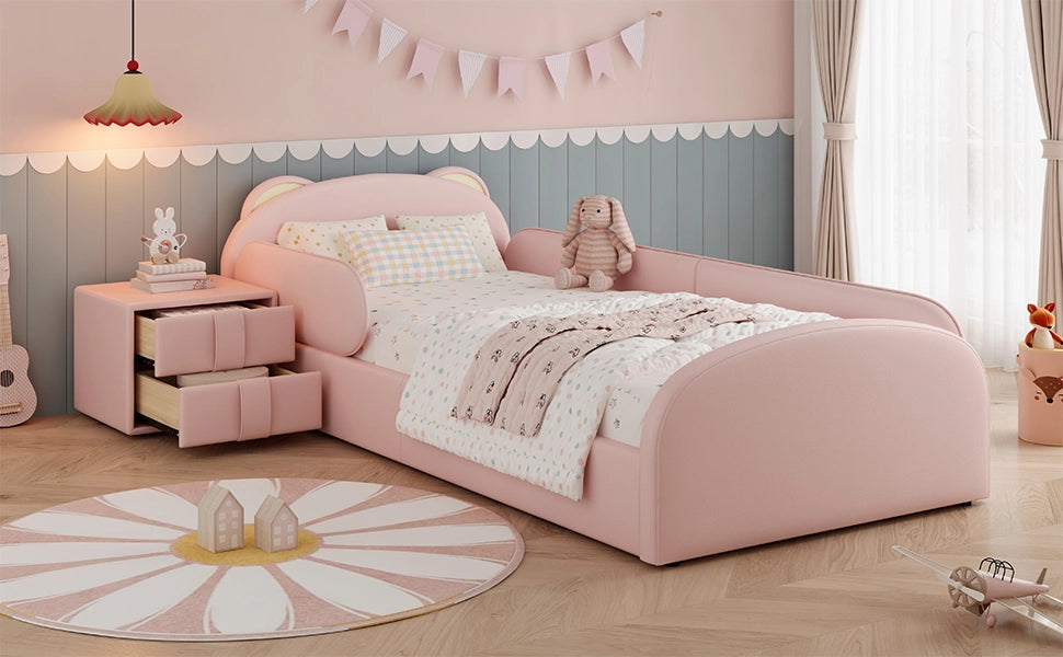 Letto per bambini 90 × 200 cm con testiera a forma di orso, comodino con 2 cassetti, senza materasso, rosa