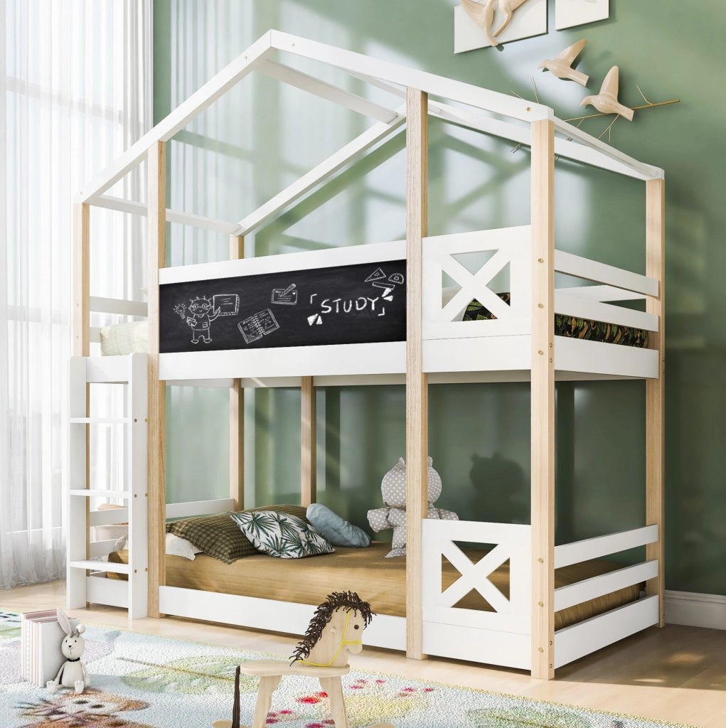 Hochbett per bambini a forma di casetta 90x200 cm con scala e lavagna; bianco in legno massello