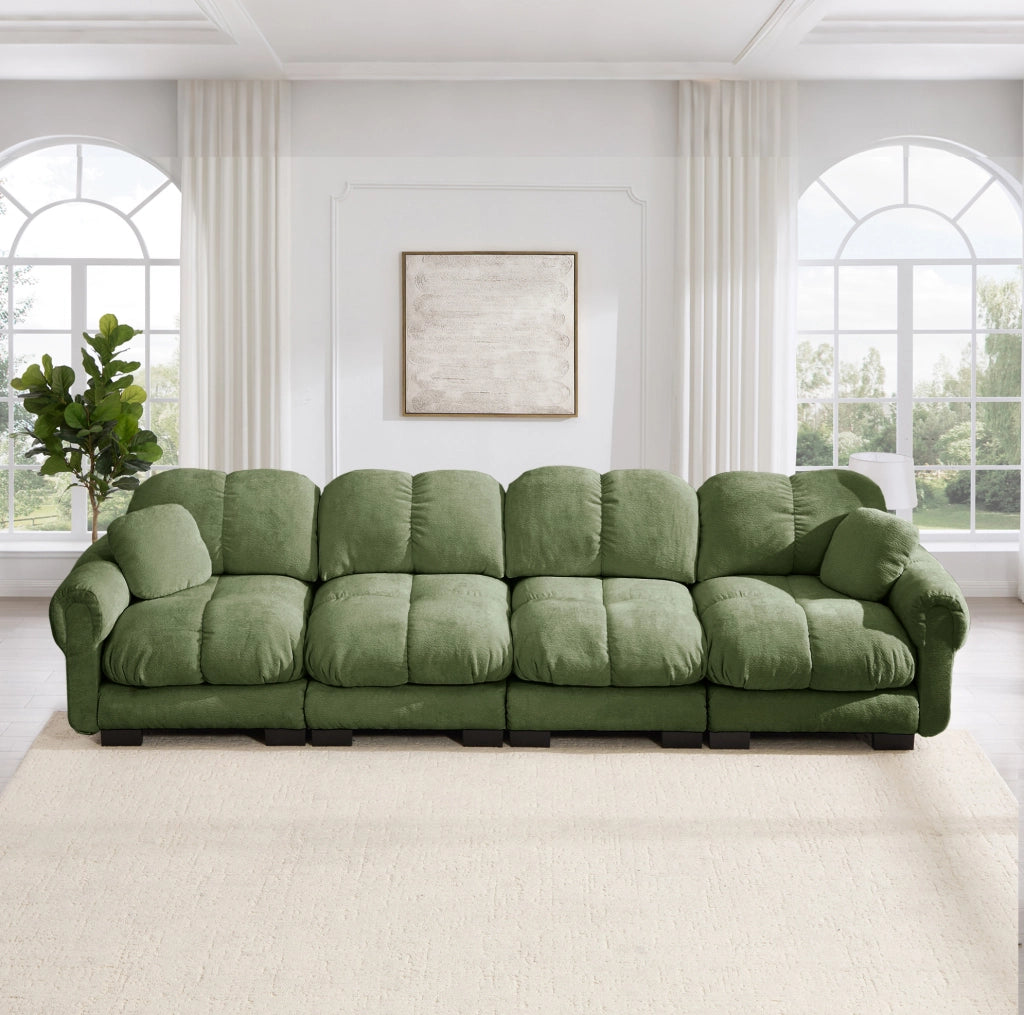 Divano Verde in Chenille con Cuscini Imbottiti Spessi, Schienale Ergonomico e Braccioli Eleganti, Dimensioni 330x86x90 cm