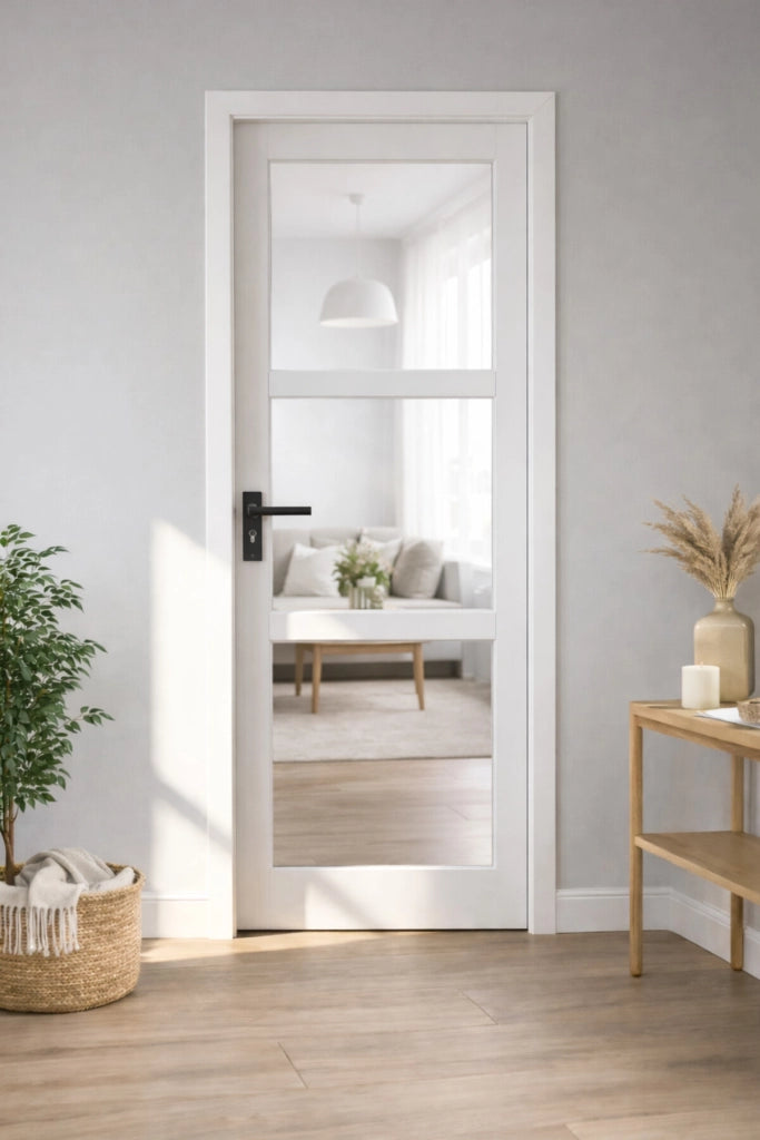 Blocco Porta Kenya Vetro Trasparente Bianco H204 x L83 Pannello Nervatura Spinta Destra + Maniglia