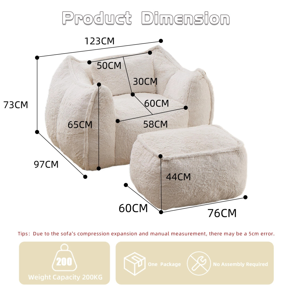 Poltrona Sacco Gigante con Pouf e Cuscino ¨C Xylo ¨C Tessuto Pelliccia Sintetica Beige
