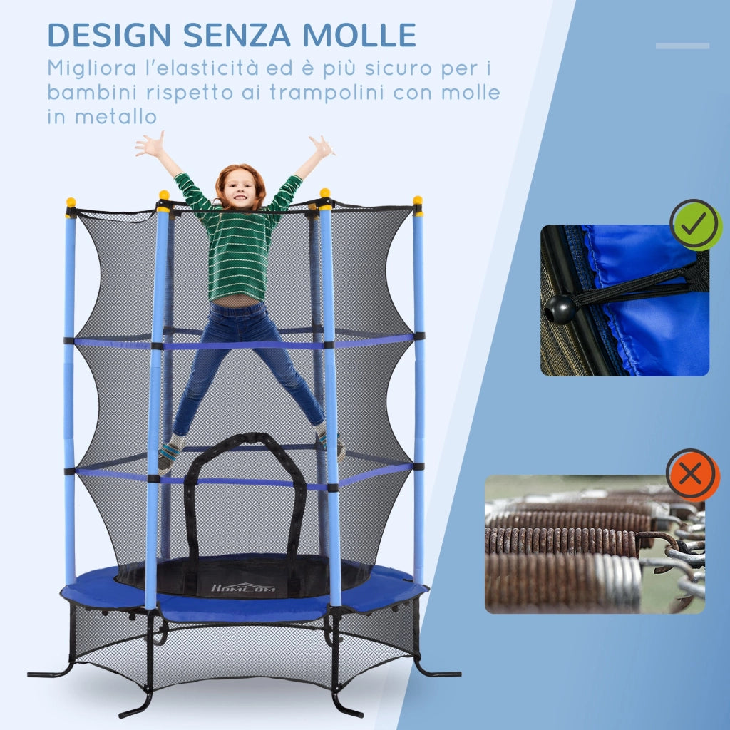 Tappeto Elastico per Bambini Ø163x190 cm con Rete di Sicurezza e Pali Imbottiti Età 3-10 Anni Blu