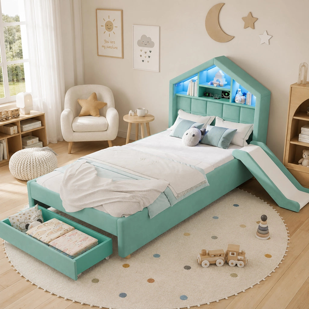 letto per bambini velluto blu verde 156 x 214 cm