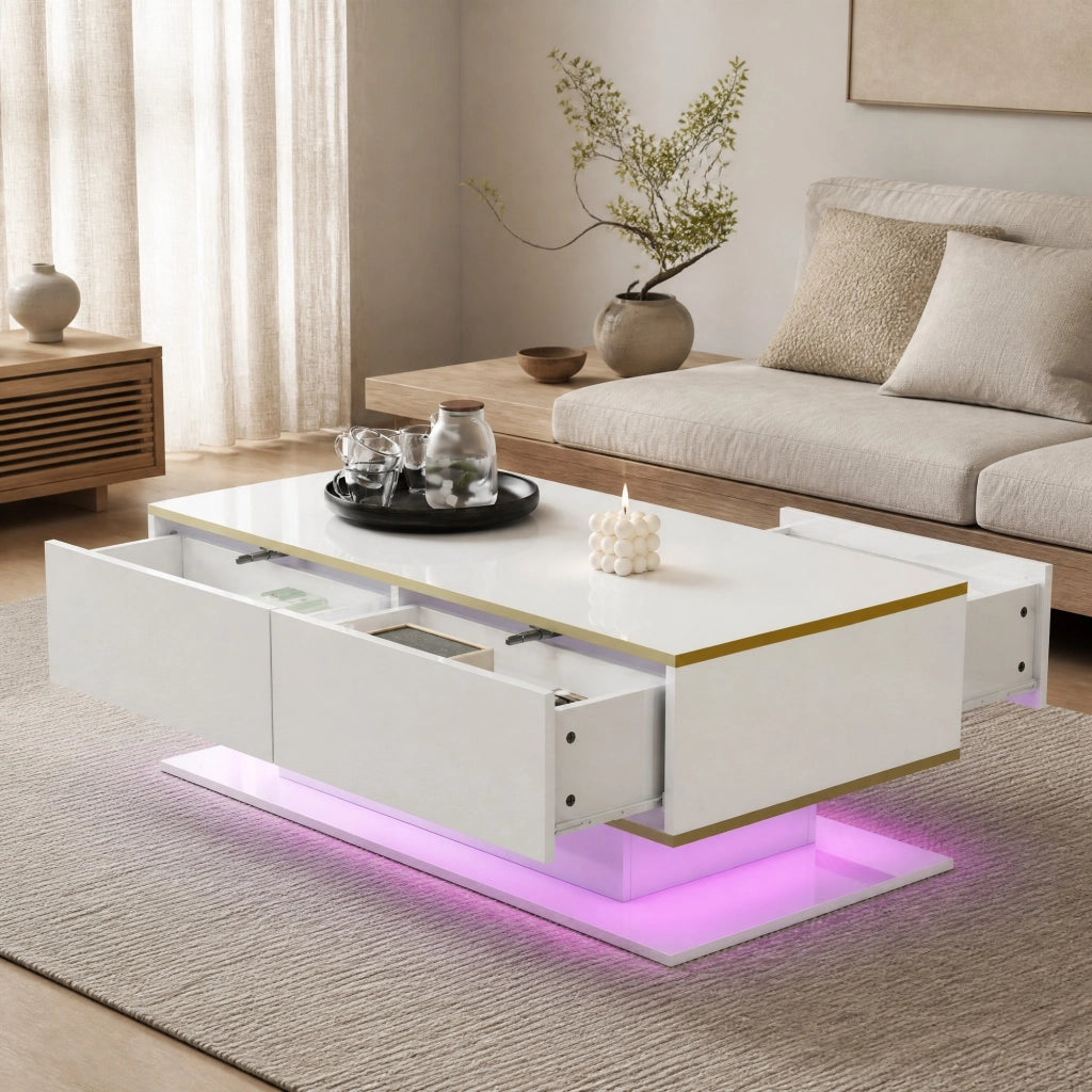 Tavolino da caffè moderno bianco e oro con LED, 3 cassetti e vano aperto