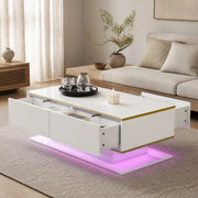 Tavolino da caffè moderno bianco e oro con LED, 3 cassetti e vano aperto