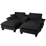 Divano modulare con contenitore USB portabicchieri 2 pouf e 2 cuscini in ciniglia nero 224×151×90 cm