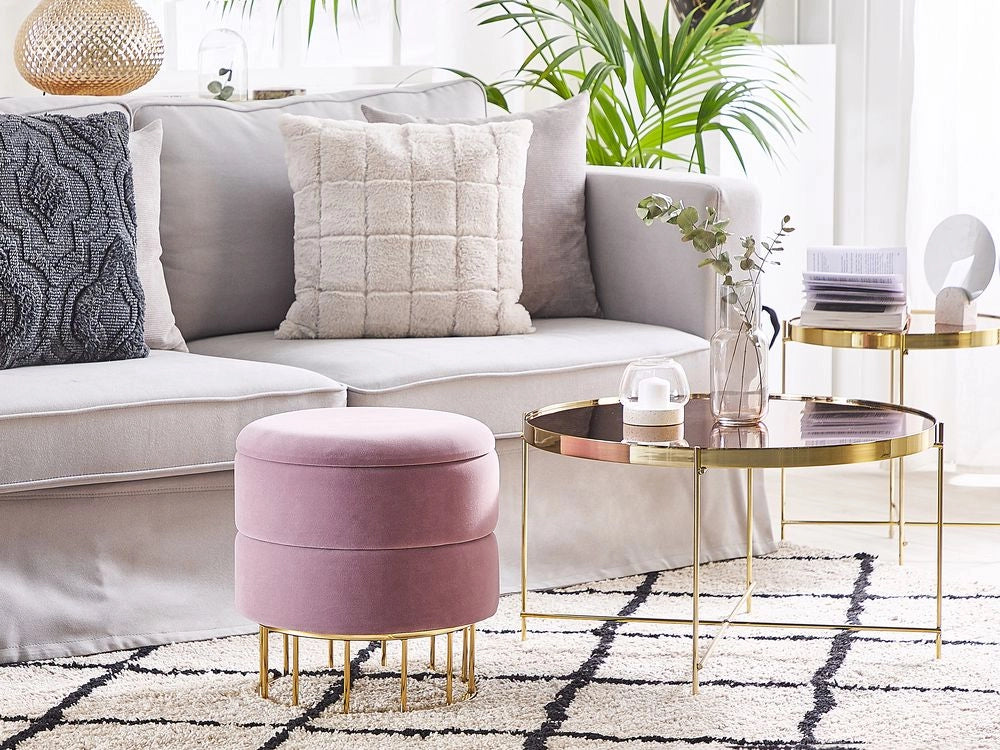 Pouf contenitore Rivestimento in velluto di poliestere rosa Base dorata Accessori per soggiorno dal design glamour