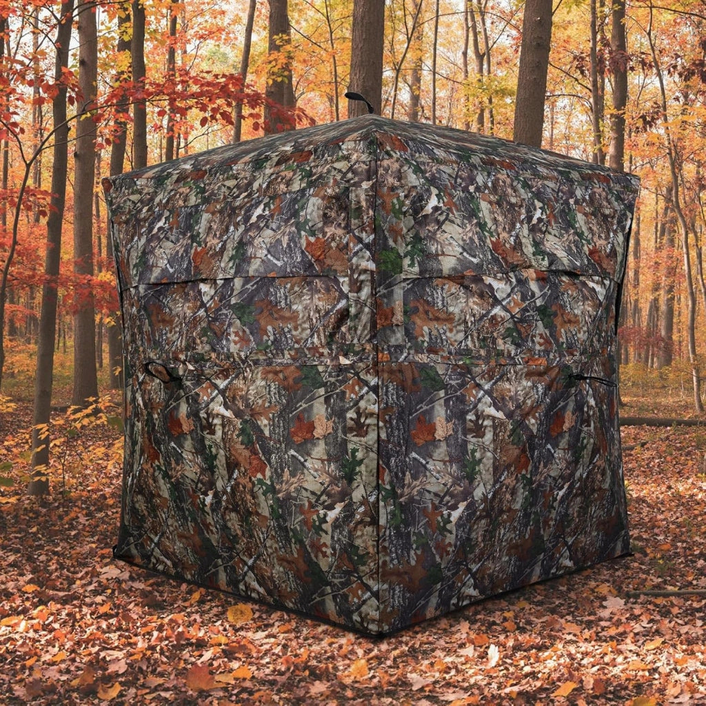 Tenda da Caccia Portatile per 4 Persone, Capanno Mimetico a Visione a 360° con Rete Trasparente e Borsa da Trasporto, Tenda Pop-up Camouflage per Caccia di Cervi e Tacchini, 147 x 147 x 170 cm