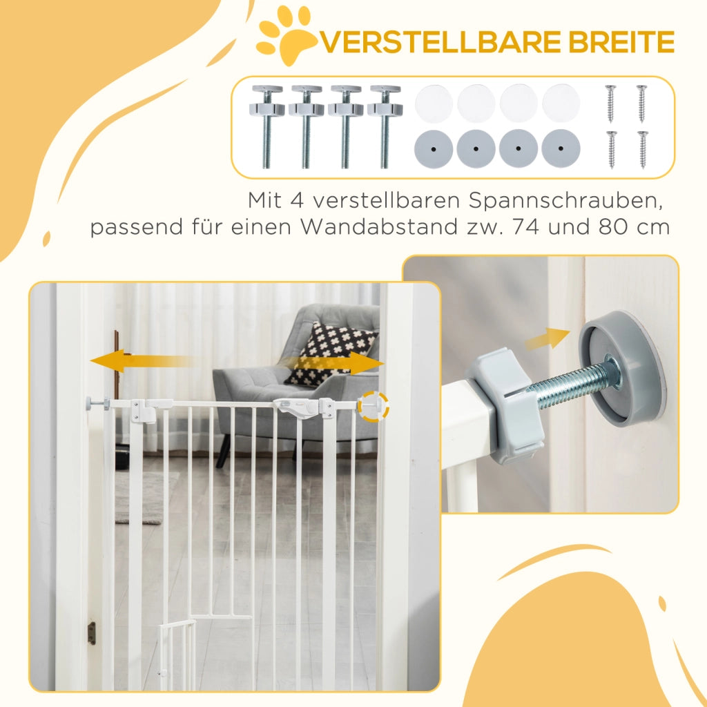 Barriera estensibile a forbice con doppio blocco, chiusura automatica e gattaiola in plastica bianca 74 × 80 cm