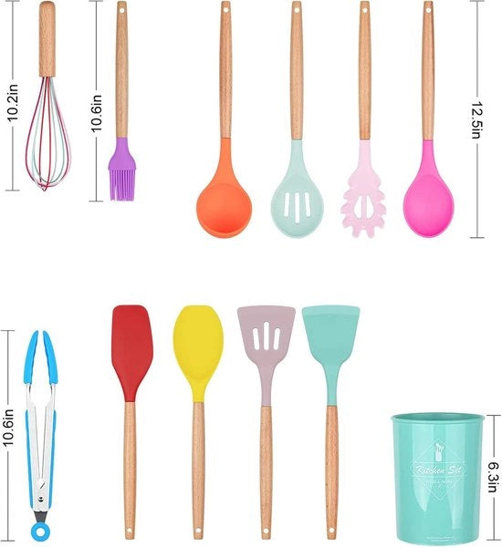 Set di accessori da cucina in silicone, 12 pezzi Manici di legno naturale Accessori da cucina BPA libero Non tossico set di silicone per cucina, manico a spazzola, cucchiaio, set di accessori da cucina (colorato)