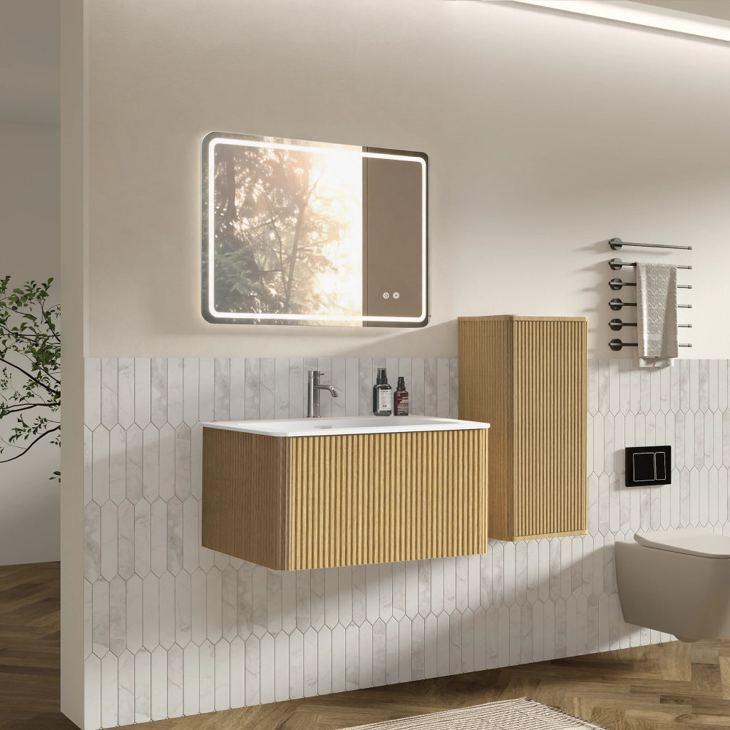 Armadietto da bagno sospeso con lavabo in pietra artificiale, specchio LED e colonna, effetto rovere