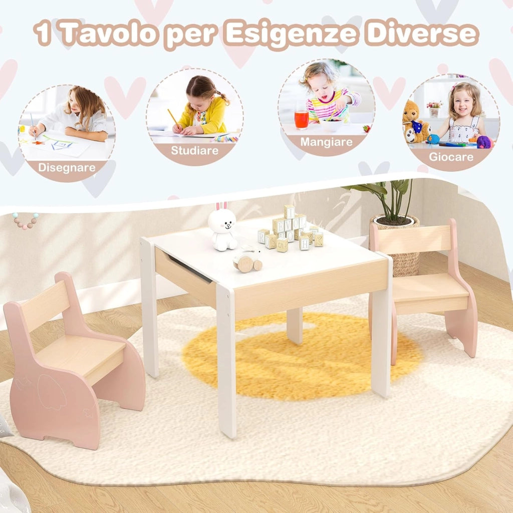 3 in 1 Set Tavolo e Sedie per Bambini, Tavolo da Attività per Bambini con 2 Sedie, Lavagna Rimovibile e Deposito, per Giocare, Disegnare e Leggere, in Legno (Rosa)