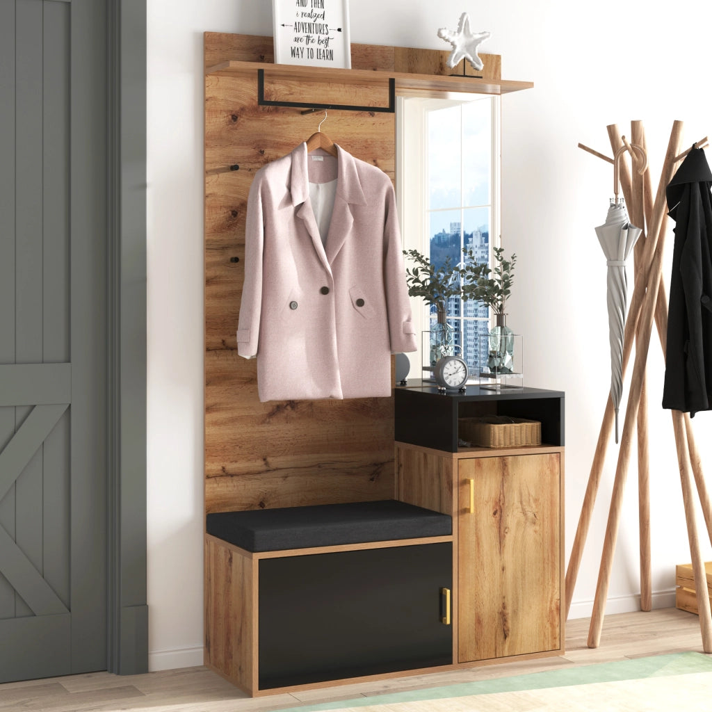 OKWISH Mobile da Ingresso con Specchio, Panca Scarpiera, 4 Ganci e Appendiabiti, 2 Vani, 105×40×191.5 cm