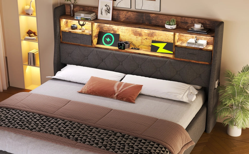 DESMIU Lit coffre 180 × 200 cm 2 posti con LED, USB e Type-C, senza materasso, in lino grigio
