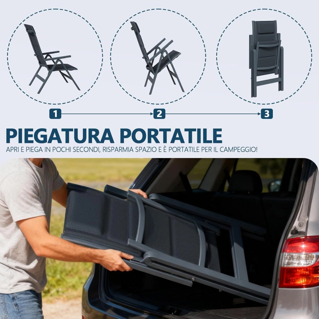 Set 2 Sedie da Giardino Pieghevoli in Alluminio - Poltrona da Giardino Esterna Regolabile in 7 Posizioni, Sedia Portatile a Schienale Alto Adatta a Tutte Tavole per Giardino, Terrazza, Piscina