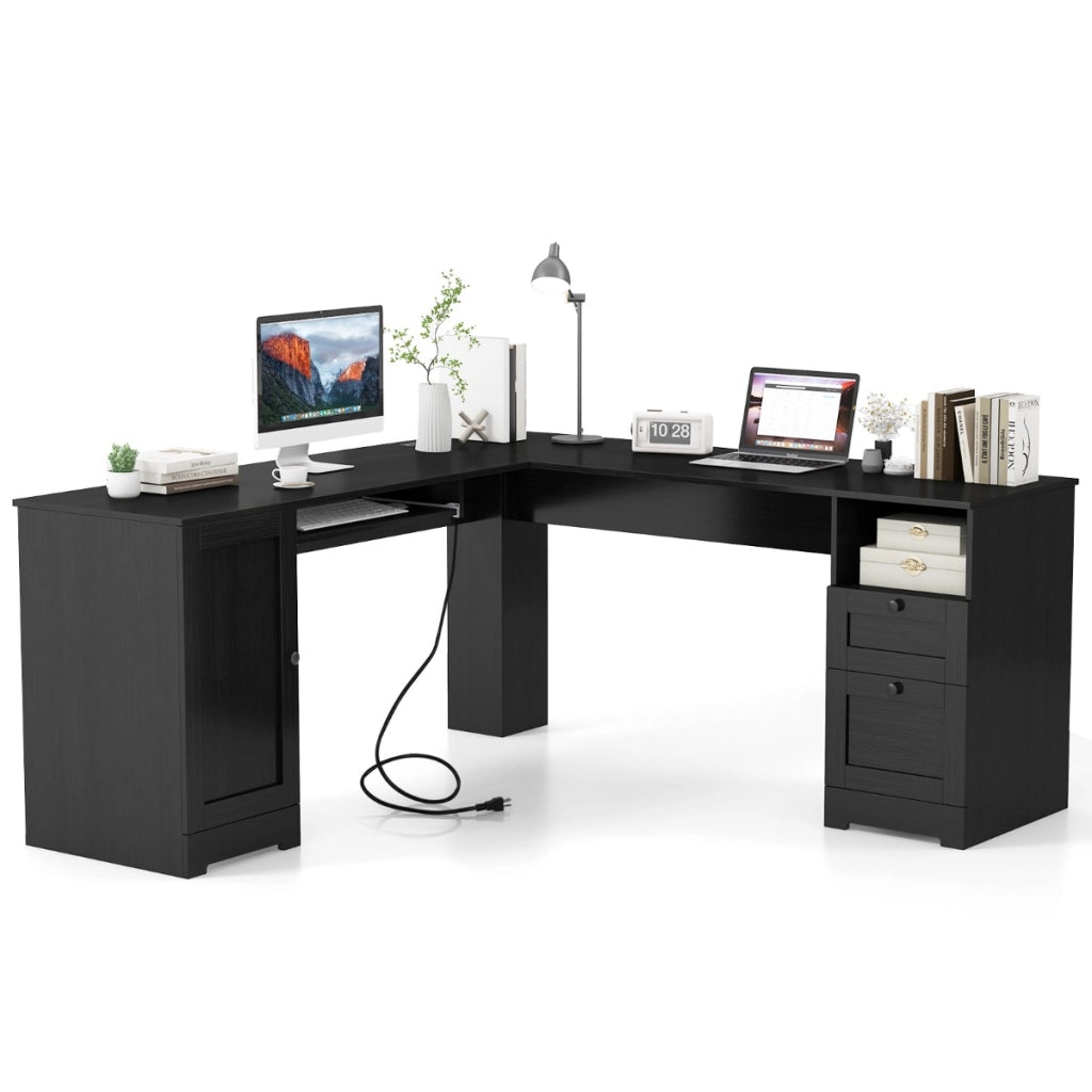 Scrivania a L per gaming lavoro e scrittura 168 x 168 x 76 cm, Scrivania angolare moderna con 2 prese Nero-Scrivanie