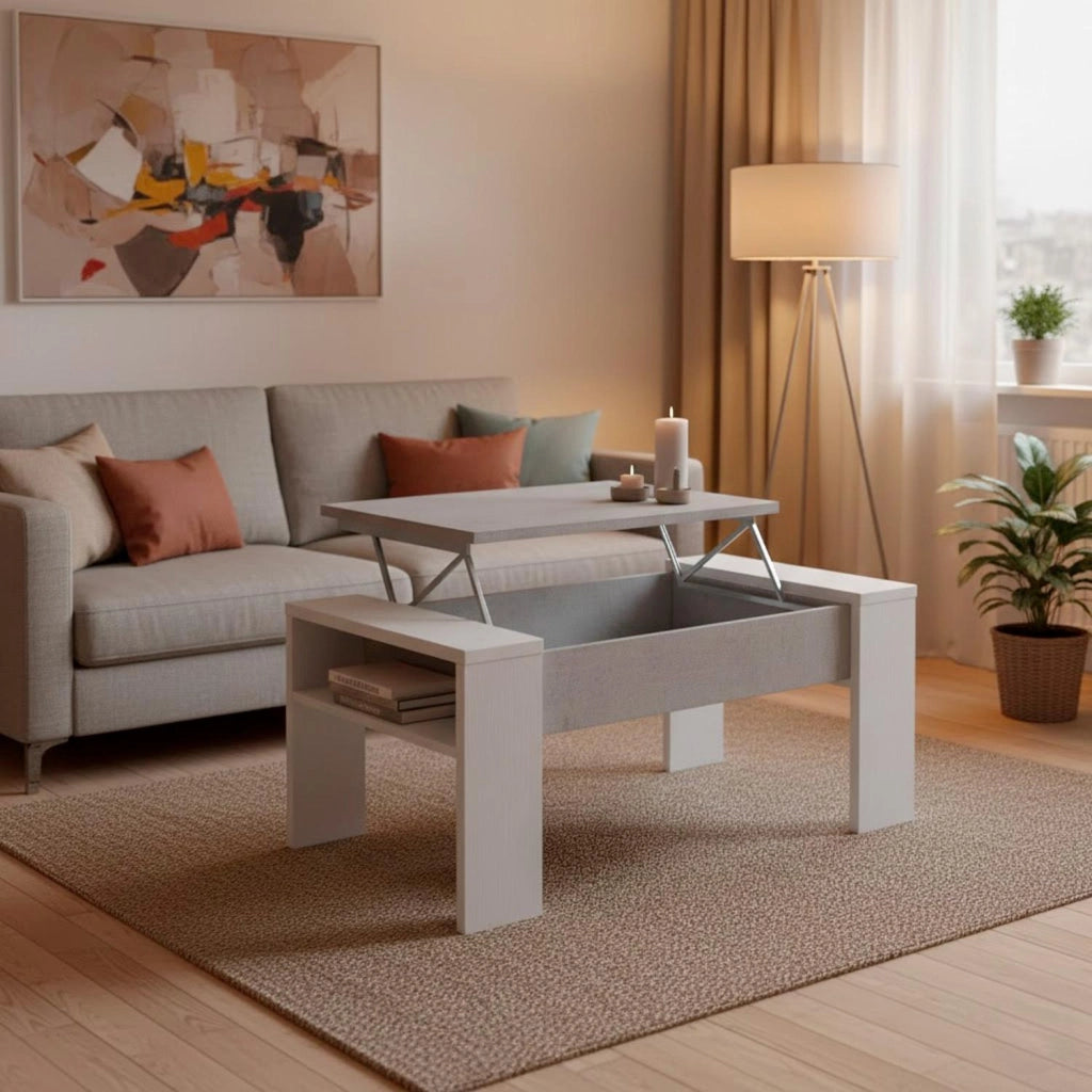 Tavolino Da Living Trasformabile Con Piano Sollevabile E Vano Contenitore Tavolo Moderno Per Salotto Soggiorno Smart Working 98 X 50 X 43 Cm Bianco E Grigio Cemento
