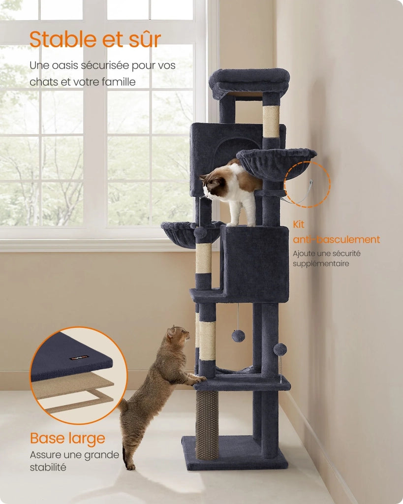 Tiragraffi torre per gatti alta 175 cm rifugio per gatti a più livelli con 2 cucce 2 cestini 5 tiragraffi trespolo autopulente amaca grigio tortora pct182g01 12_0003882