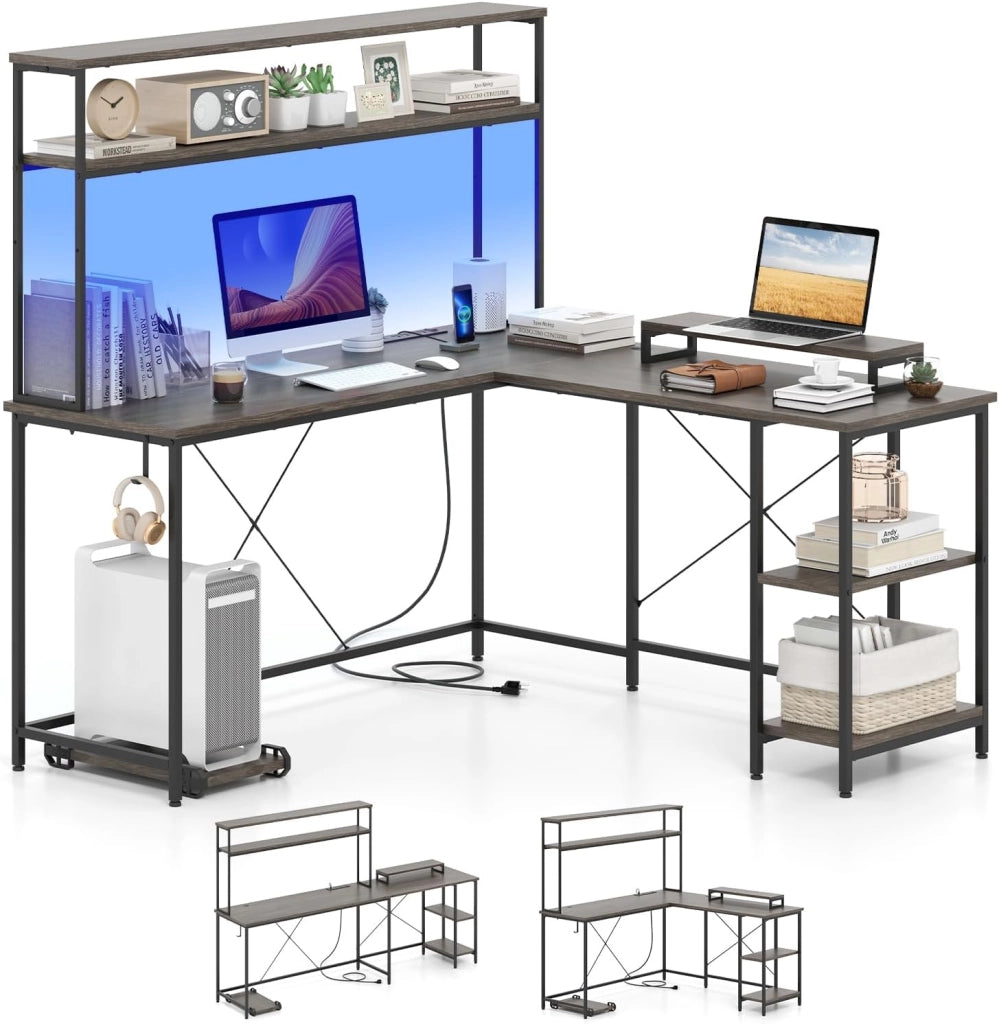 Scrivania per Computer a Forma di L, Tavolo da Gioco con Scaffale Regolabile, Gancio, Supporto per CPU, Striscia LED, Telecomando e Prese di Corrente, Desk per Studiare e Lavorare (Grigio)