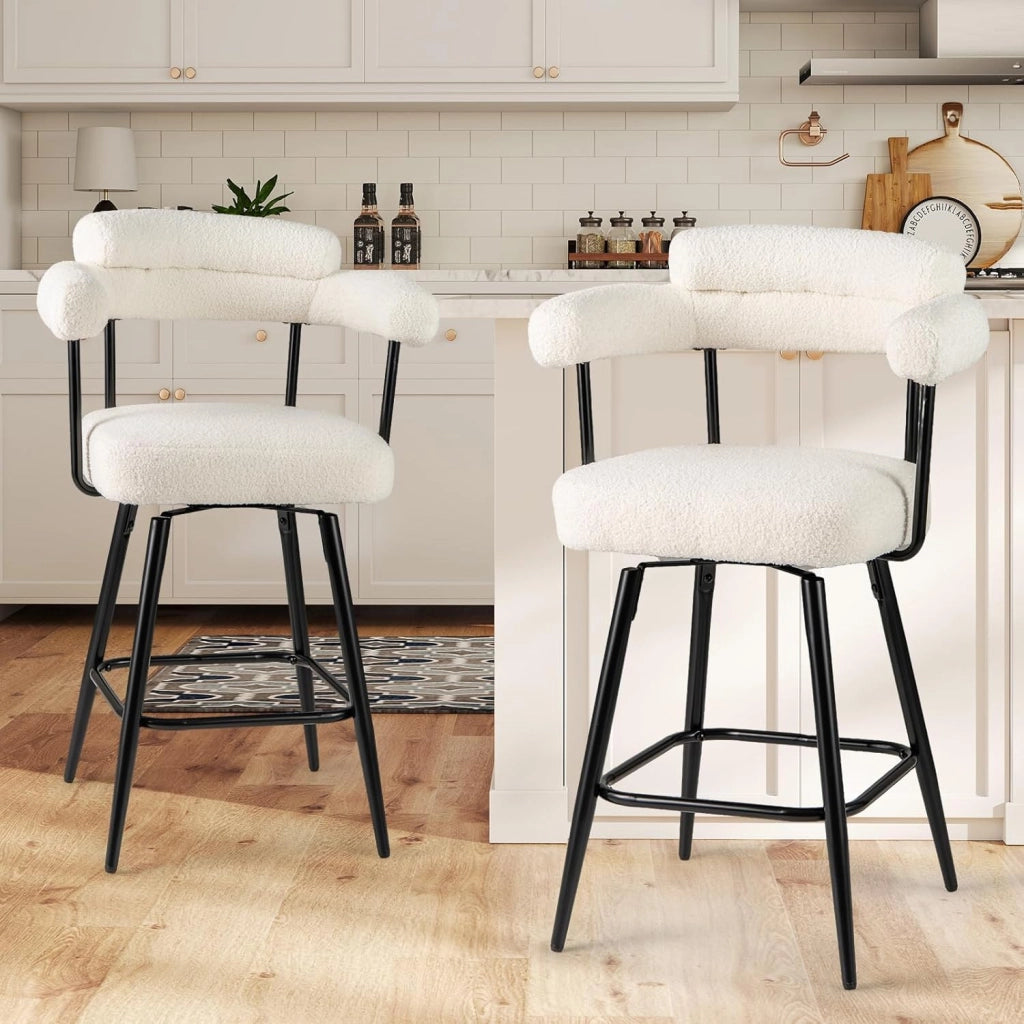 Set di 2 Sgabelli da Bar Girevoli Altezza 69 cm, Sedie Moderne Imbottite con Tessuto Boucle, Schienali Curvi e Gambe in Metallo, Sedie Girevoli per Isola Cucina, Casa, Bianco/Grigio (Bianco)