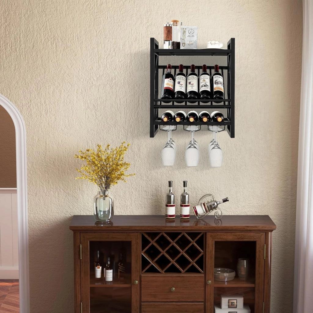 Scaffale Per Vino a Parete Con Supporto In Vetro, Per 10 Bottiglie Di Vino e 12 Bicchieri Da Vino, Mensola Da Parete, Scaffalatura Da Parete Industriale Sospesa, 51 x 26,5 x60,5 cm