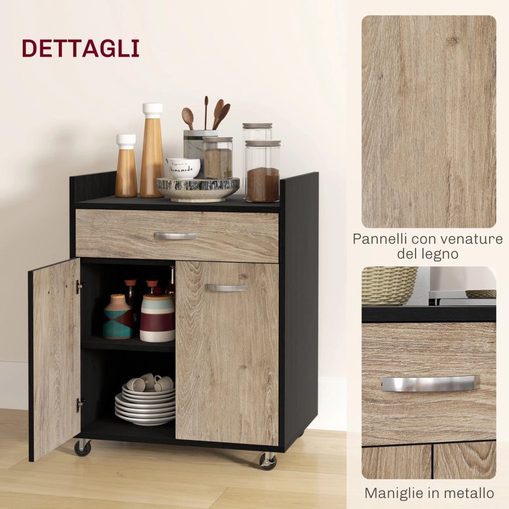 Carrello da Cucina con Armadietto e Cassetto 60x40x77 cm in Legno Nero